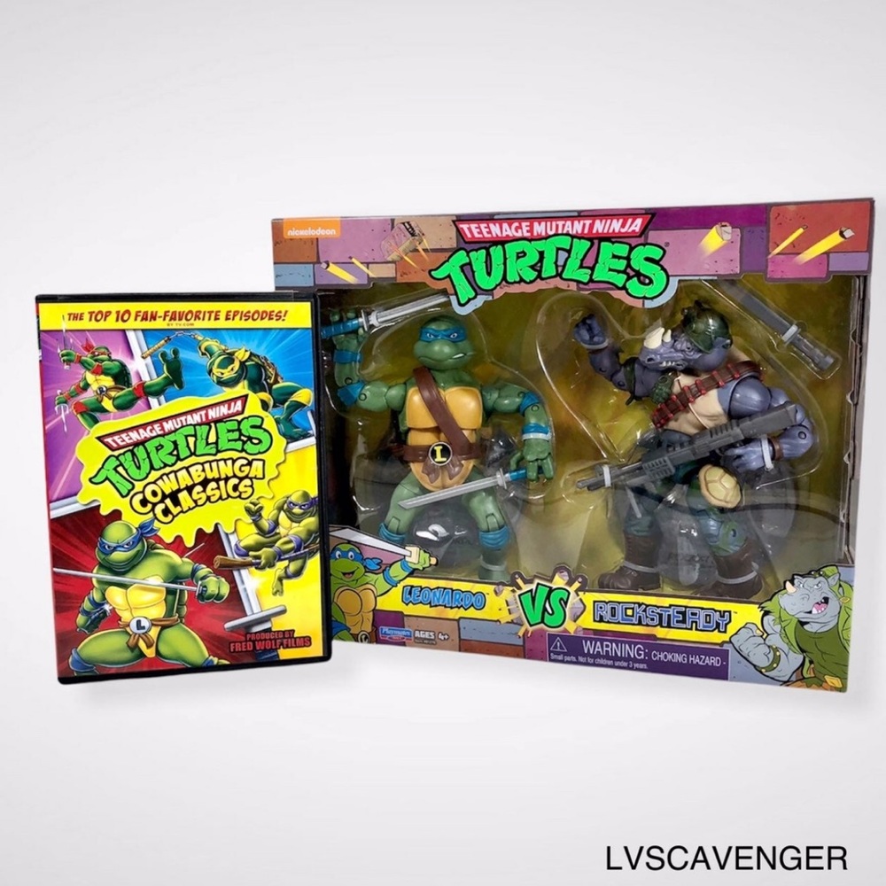 TMNT Leonardo VS Rocksteady Figures & TMNT Cowabunga Classics DVD Combo Lot of 2